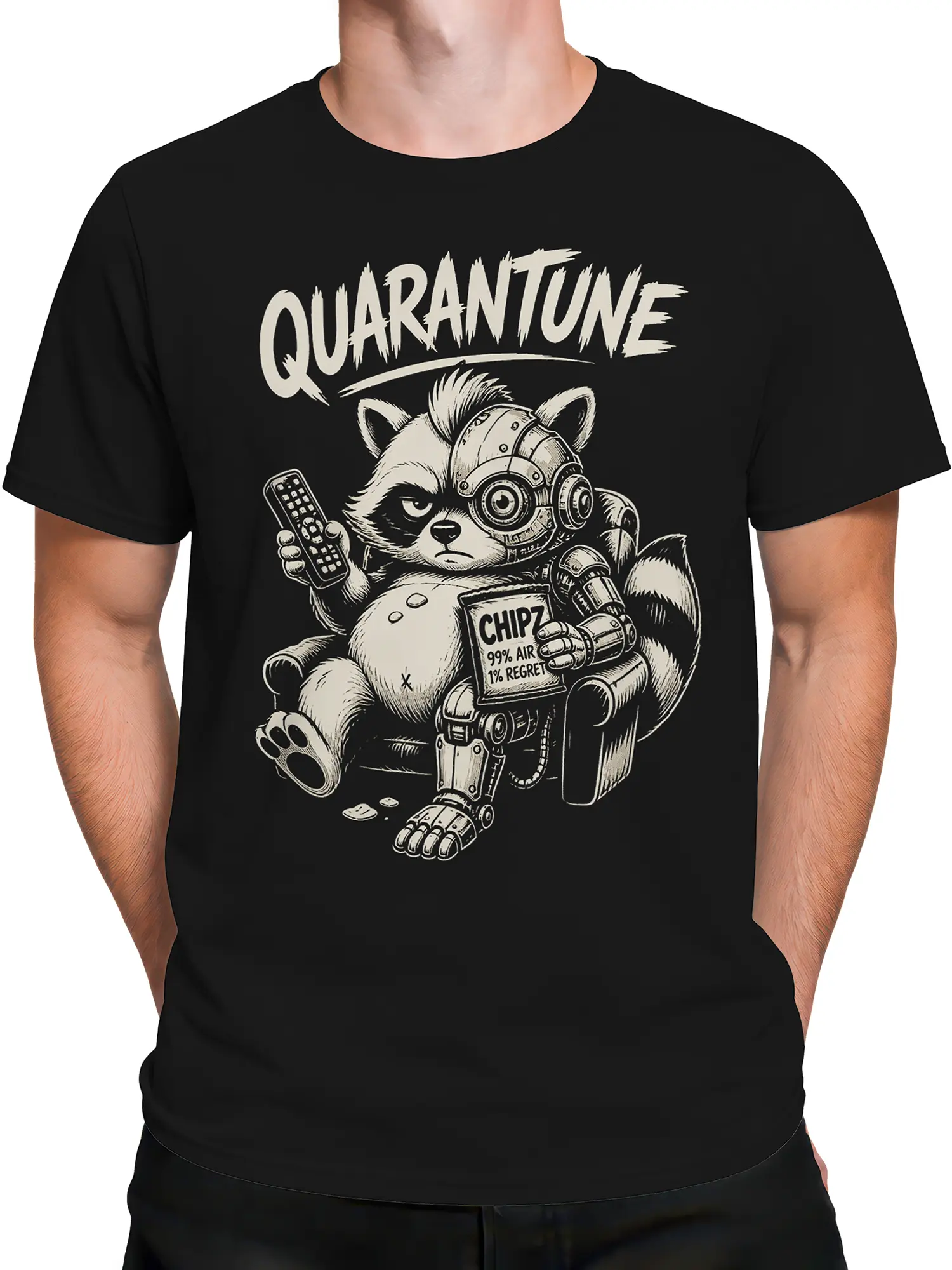 Male torso wearing a black T-shirt with a cybernetic raccoon quarantine design