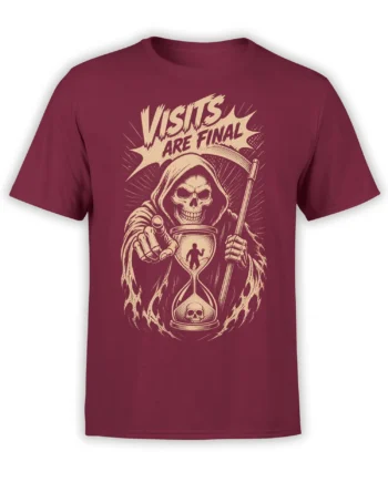 Grim reaper hourglass T-shirt in burgundy with “Visits Are Final” vintage artwork