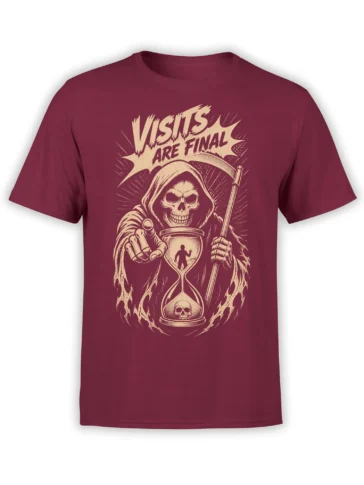 Grim reaper hourglass T-shirt in burgundy with “Visits Are Final” vintage artwork