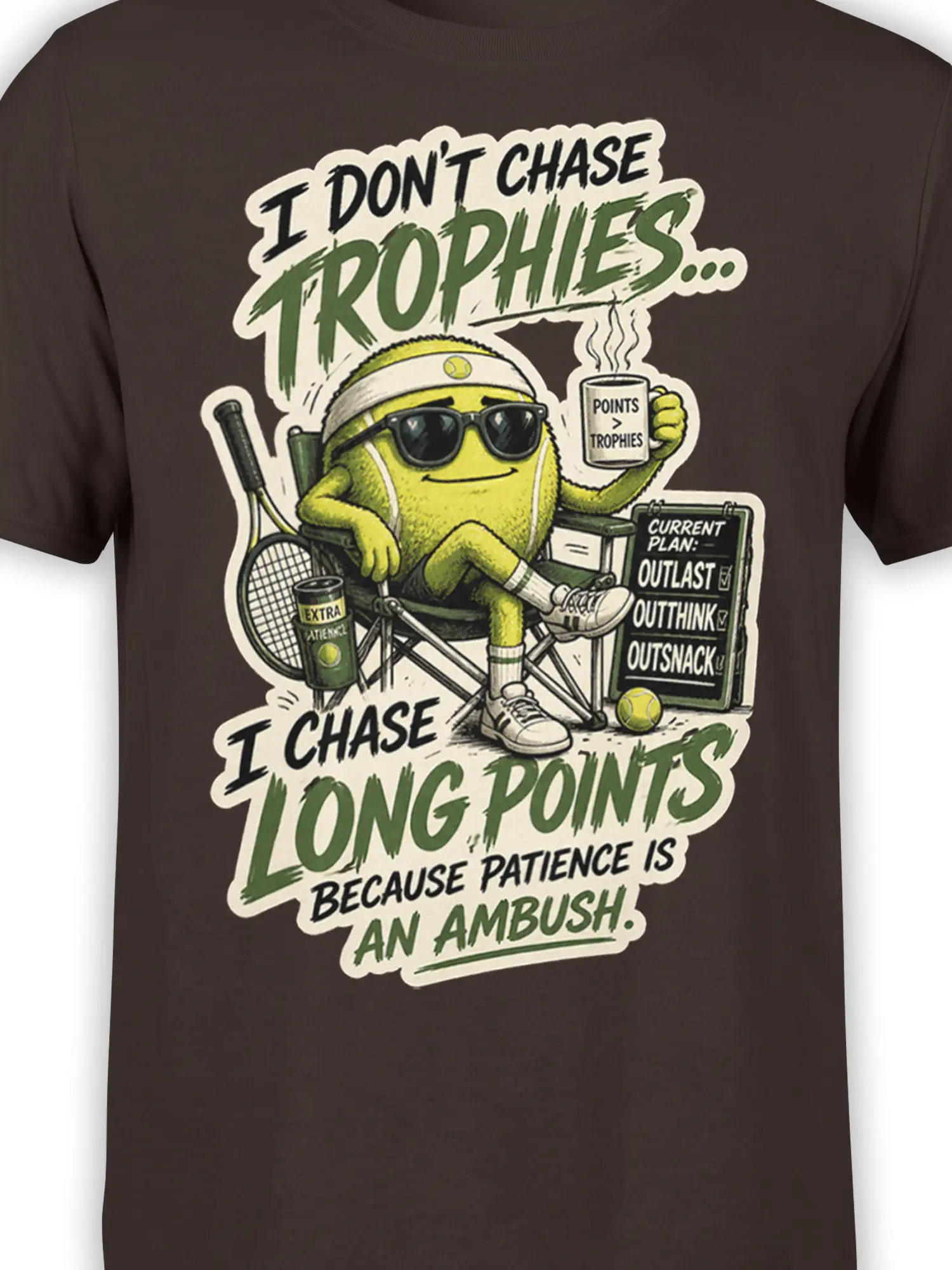 Close-up of tennis ball character in sunglasses with long points lettering on a brown shirt