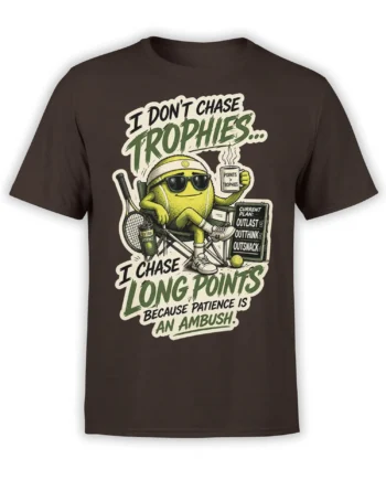 Brown tennis T-shirt with a sunglasses-wearing tennis ball, racket, mug, and long points message