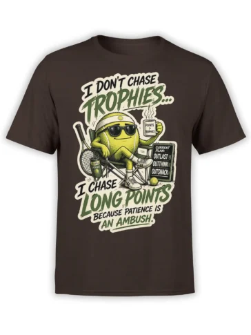 Brown tennis T-shirt with a sunglasses-wearing tennis ball, racket, mug, and long points message