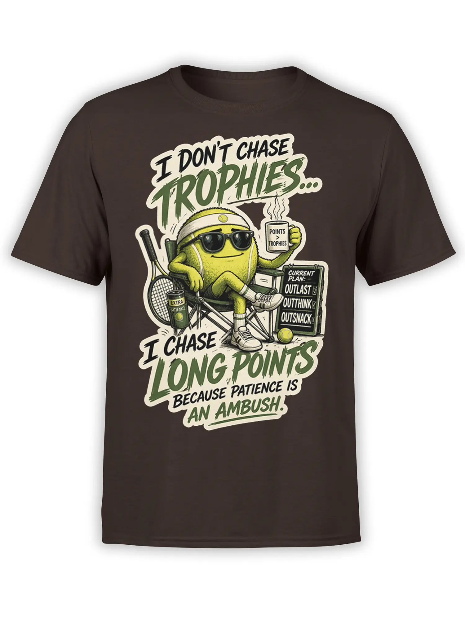 Brown tennis T-shirt with a sunglasses-wearing tennis ball, racket, mug, and long points message
