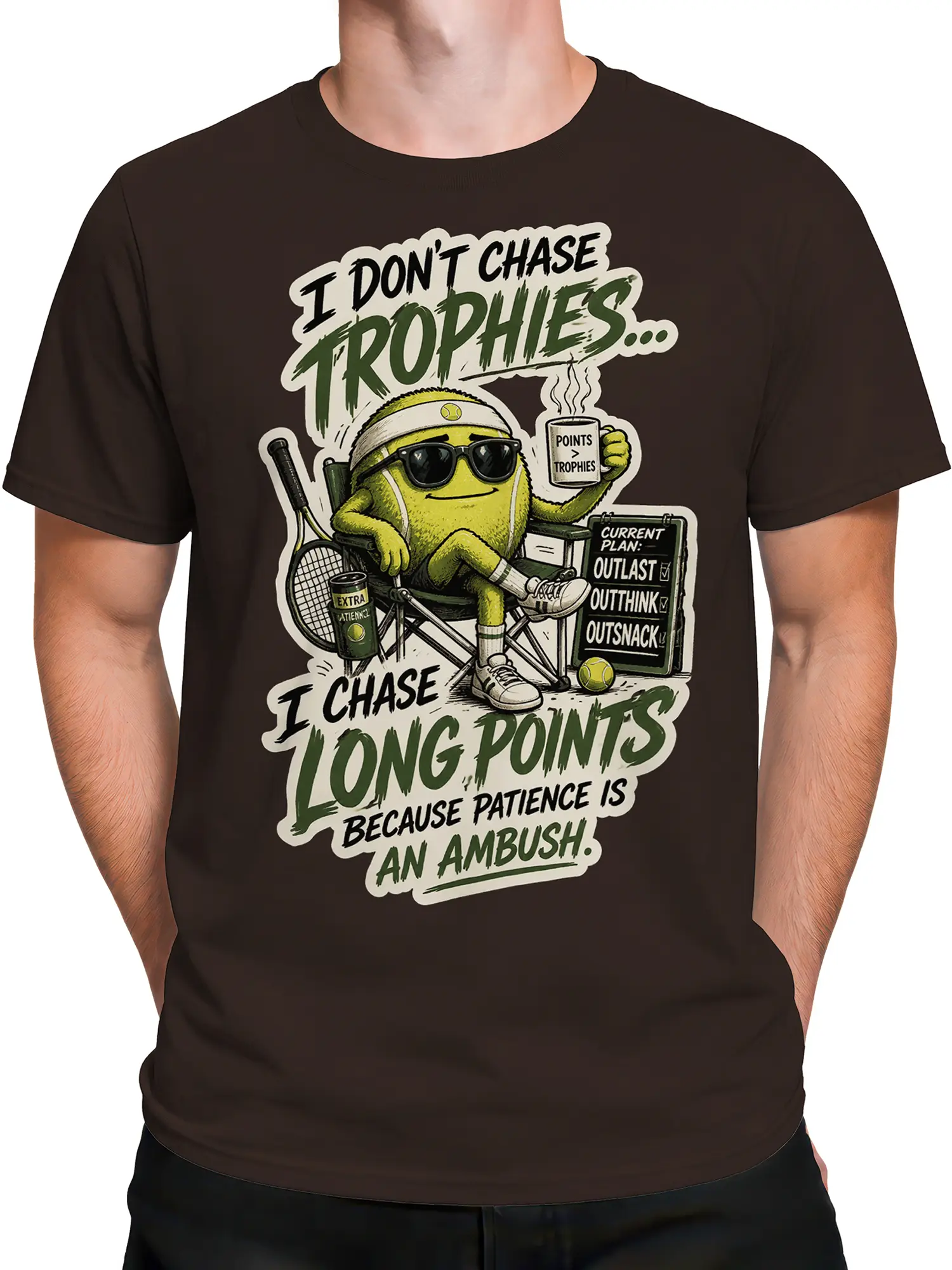 Male torso wearing a brown tennis T-shirt with sunglasses tennis ball artwork and strategy lettering