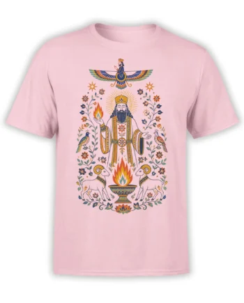 Pink fantasy T-shirt with a crowned figure, sacred flame, winged symbol, birds, rams, and colorful floral details