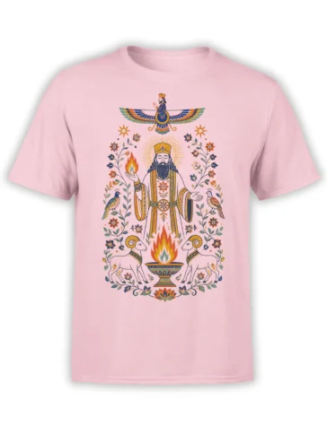 Pink fantasy T-shirt with a crowned figure, sacred flame, winged symbol, birds, rams, and colorful floral details