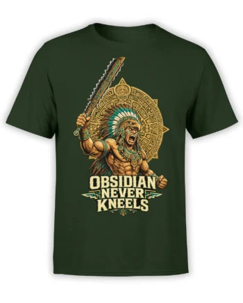 Dark green warrior T-shirt with raised blade, feathered headdress, geometric backdrop, and “Obsidian Never Kneels” text