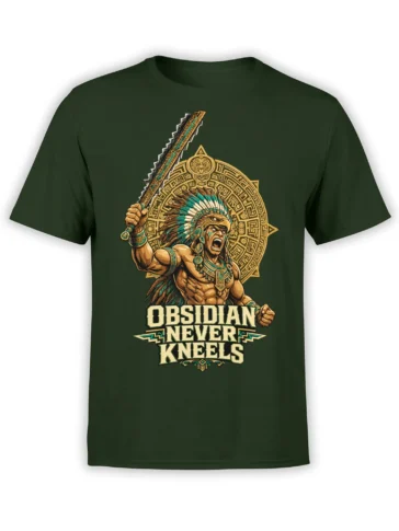 Dark green warrior T-shirt with raised blade, feathered headdress, geometric backdrop, and “Obsidian Never Kneels” text