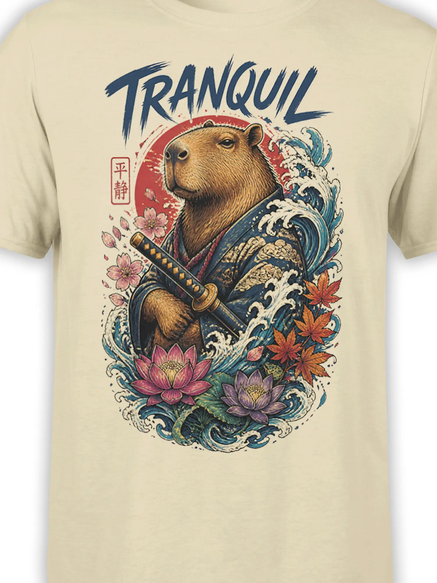 Close-up of tranquil capybara warrior artwork with katana, waves, lotus flowers, and blossoms on beige fabric