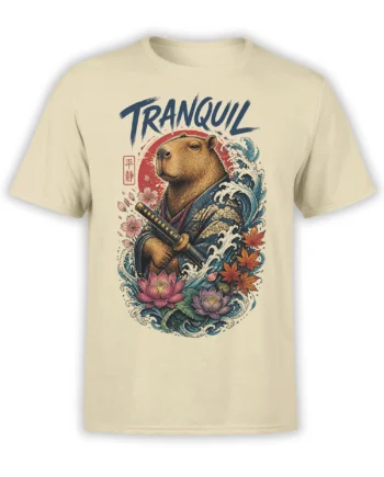 Beige T-shirt with a tranquil capybara warrior, katana, blue waves, lotus flowers, and blossoms