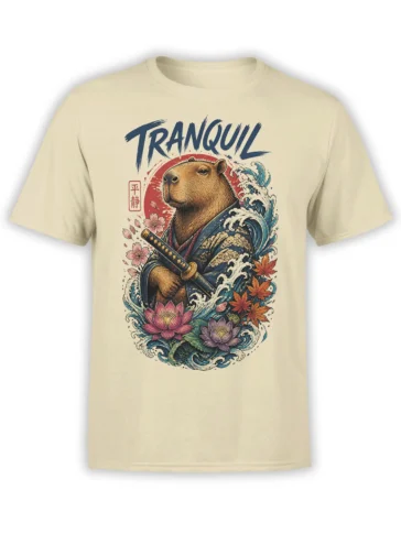 Beige T-shirt with a tranquil capybara warrior, katana, blue waves, lotus flowers, and blossoms