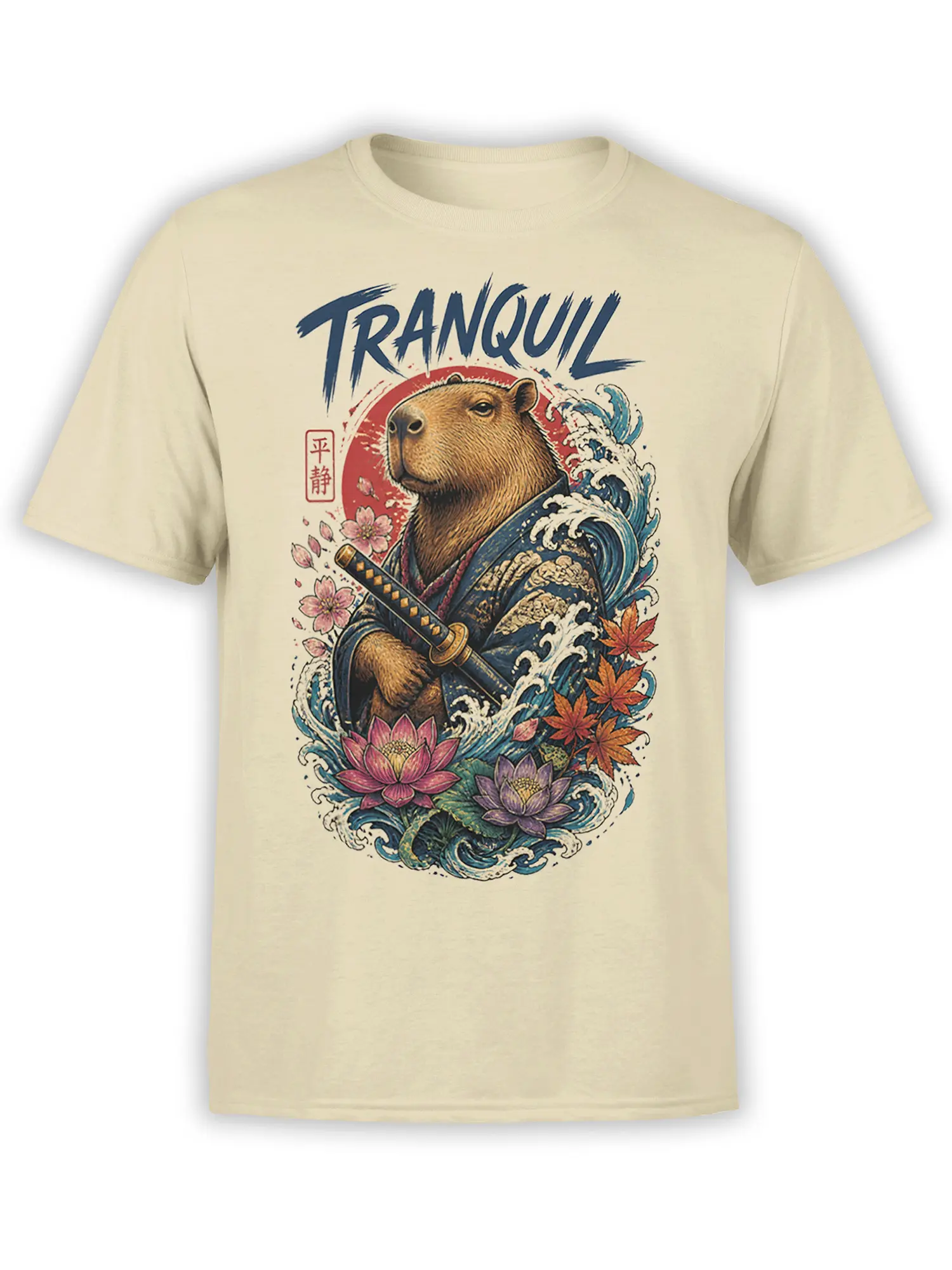 Beige T-shirt with a tranquil capybara warrior, katana, blue waves, lotus flowers, and blossoms