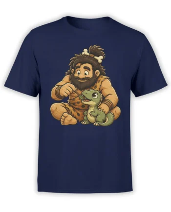 Smiling caveman feeding a small green dinosaur with a leaf on a navy T-shirt