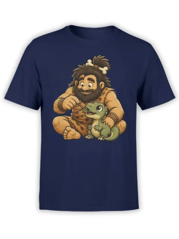 Smiling caveman feeding a small green dinosaur with a leaf on a navy T-shirt