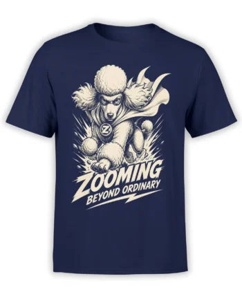Masked poodle superhero flying across a navy shirt with cape, Z medallion, action lines, and bold lettering