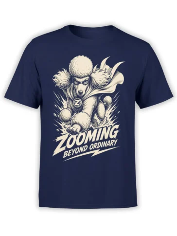 Masked poodle superhero flying across a navy shirt with cape, Z medallion, action lines, and bold lettering