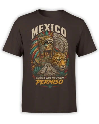 Brown Mexican heritage T-shirt with jaguar headdress, calendar artwork, stepped pyramid, and bold MEXICO lettering