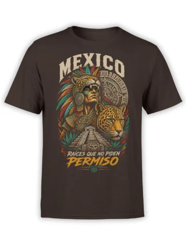 Brown Mexican heritage T-shirt with jaguar headdress, calendar artwork, stepped pyramid, and bold MEXICO lettering