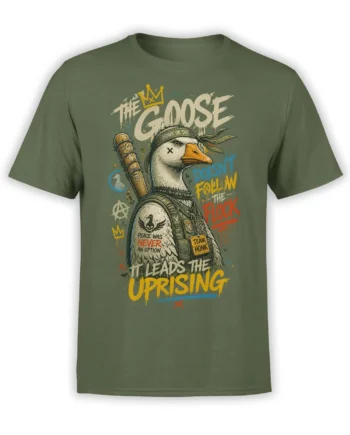 Rebellious crowned goose in tactical gear with bold anti-flock lettering on an olive green T-shirt