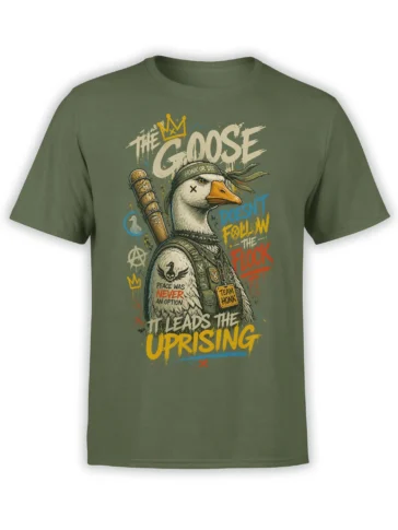 Rebellious crowned goose in tactical gear with bold anti-flock lettering on an olive green T-shirt
