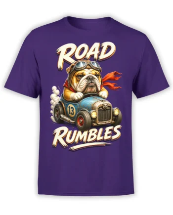Purple bulldog racing T-shirt with aviator goggles, vintage car, red scarf, and ROAD RUMBLES lettering