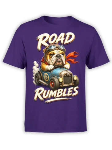 Purple bulldog racing T-shirt with aviator goggles, vintage car, red scarf, and ROAD RUMBLES lettering