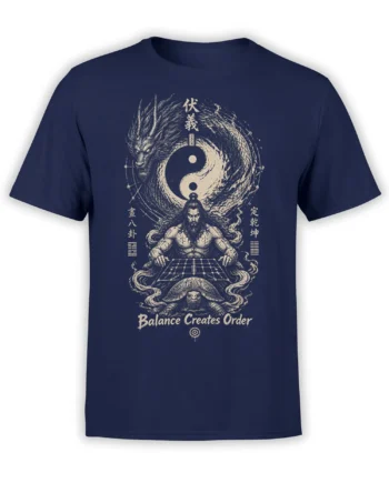 Navy dragon T-shirt with yin yang symbol, bearded sage, turtle, and Balance Creates Order artwork