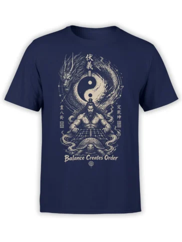 Navy dragon T-shirt with yin yang symbol, bearded sage, turtle, and Balance Creates Order artwork