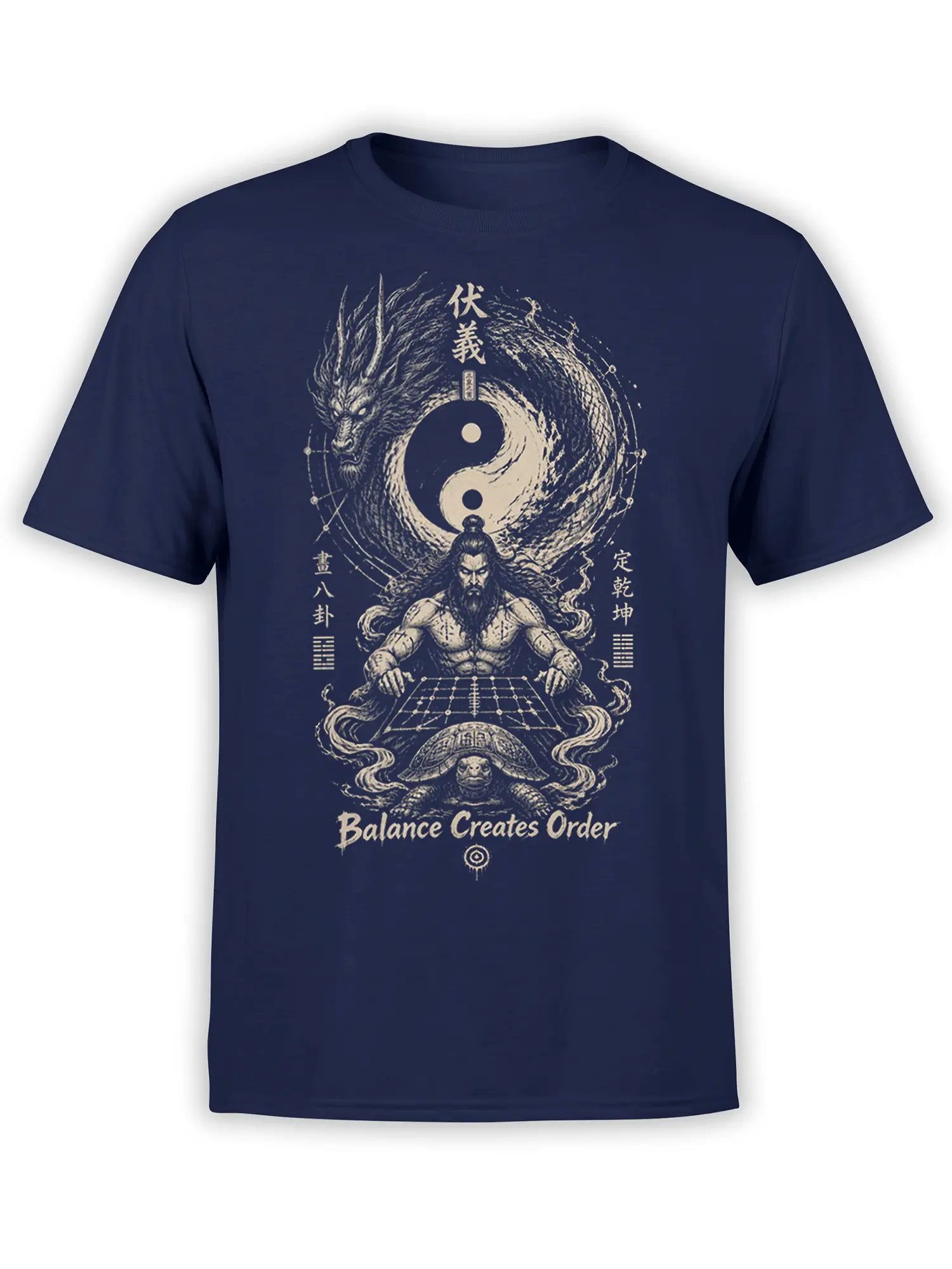 Navy dragon T-shirt with yin yang symbol, bearded sage, turtle, and Balance Creates Order artwork