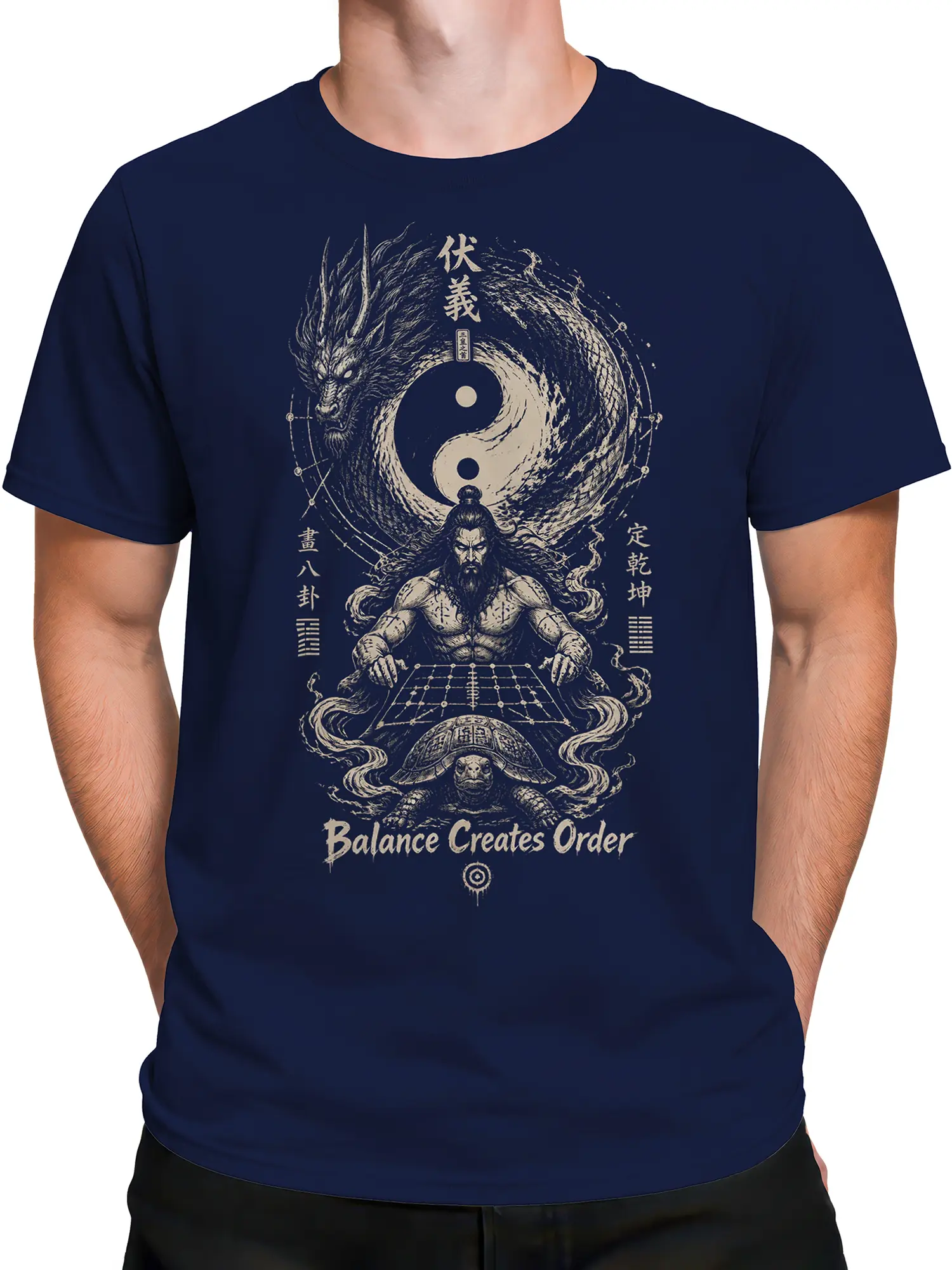 Male torso wearing a navy dragon T-shirt with symbolic yin yang and sage artwork