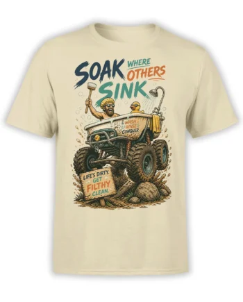 Beige T-shirt with a muddy monster truck bathtub, rubber duck, shower, and “Soak Where Others Sink” text