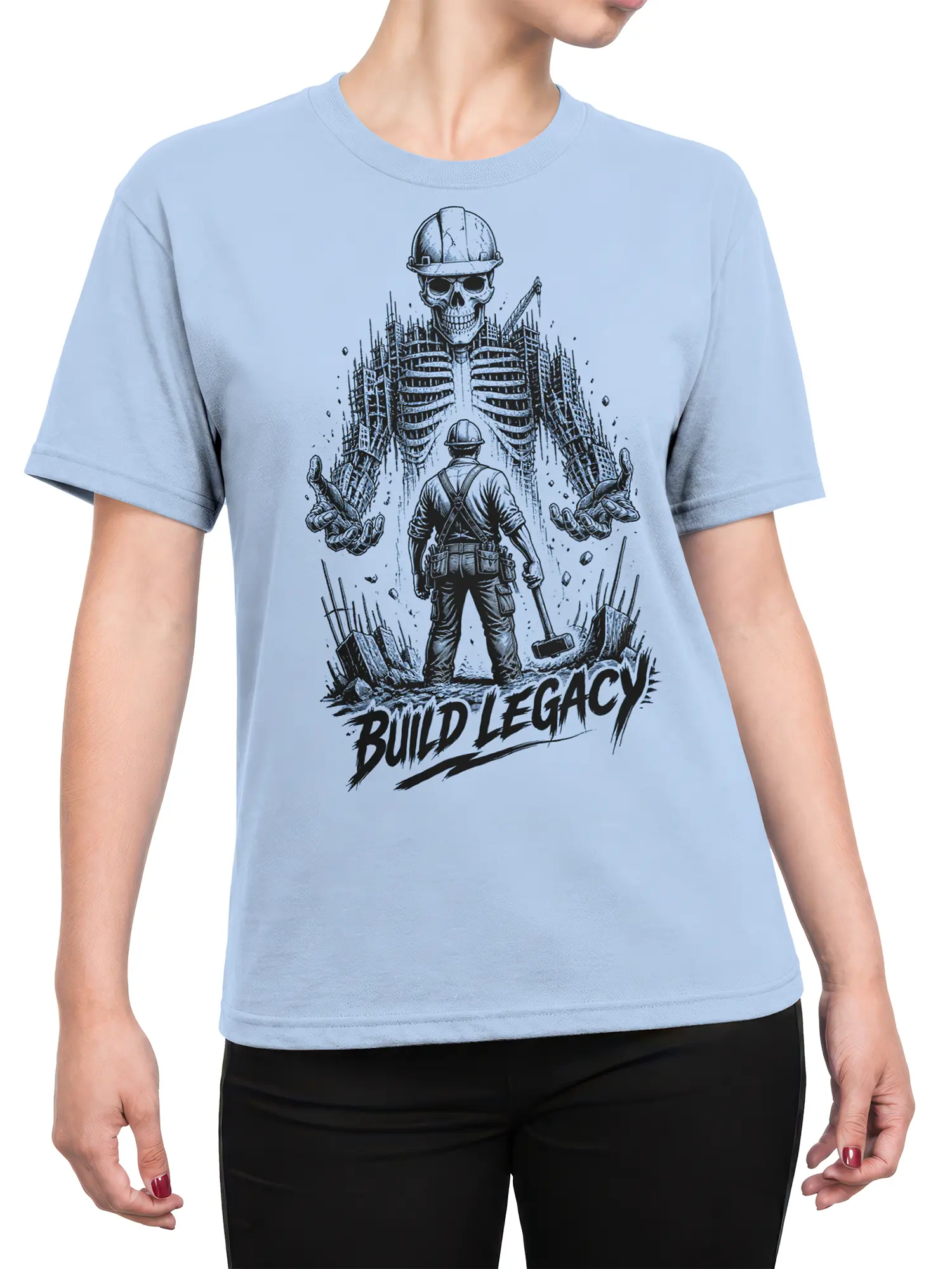 Female torso wearing a light blue T-shirt with skeleton builder artwork and bold Build Legacy lettering