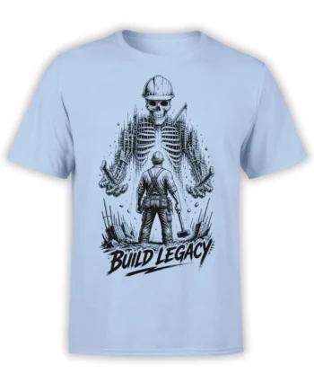 Skeleton builder in a hard hat and worker beneath unfinished buildings on a light blue T-shirt