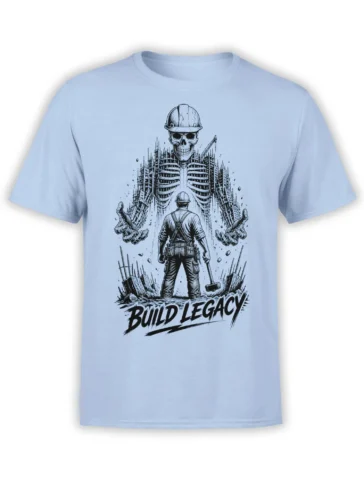 Skeleton builder in a hard hat and worker beneath unfinished buildings on a light blue T-shirt