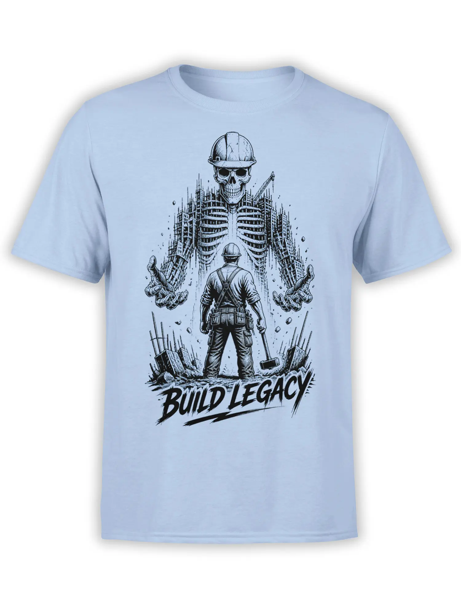 Skeleton builder in a hard hat and worker beneath unfinished buildings on a light blue T-shirt