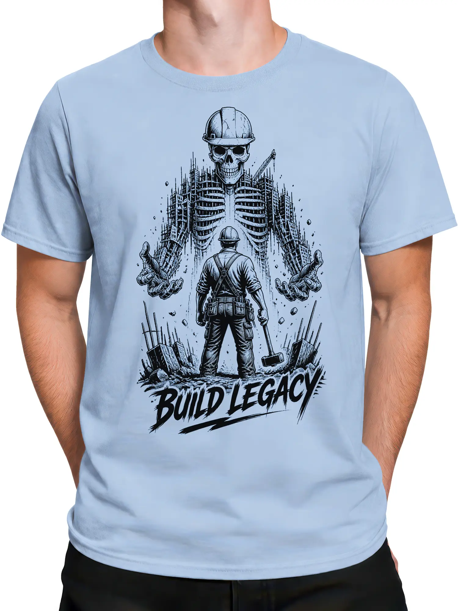 Male torso wearing a light blue T-shirt with a hard-hat skeleton builder and construction artwork