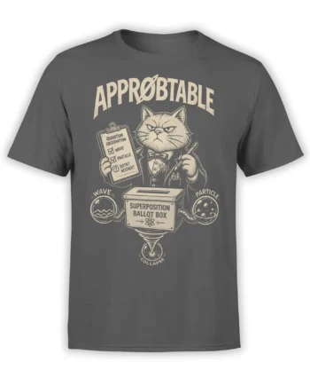 Gray T-shirt with a formal cat, quantum observation clipboard, wave particle symbols, and superposition ballot box