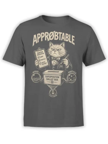 Gray T-shirt with a formal cat, quantum observation clipboard, wave particle symbols, and superposition ballot box