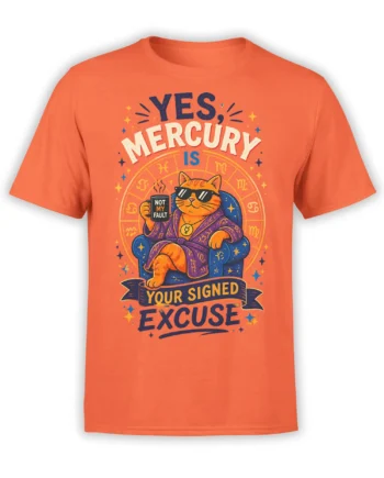 Orange cat astrology T-shirt with a robed cat in sunglasses, zodiac symbols, and a cosmic excuse message