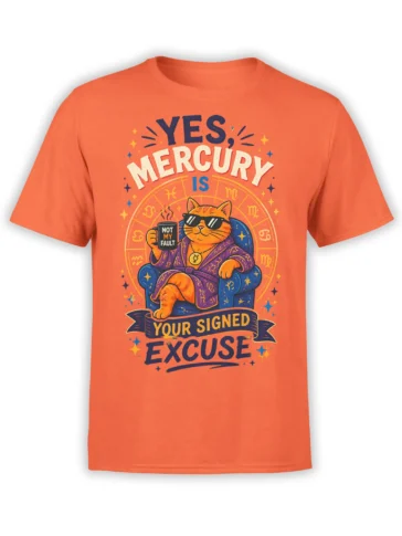 Orange cat astrology T-shirt with a robed cat in sunglasses, zodiac symbols, and a cosmic excuse message