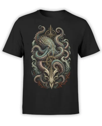 Black octopus T-shirt with compass rose, ship wheel, curling tentacles, waves, coral, and a bone-like emblem