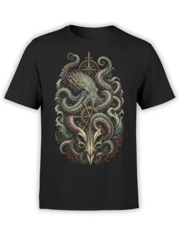 Black octopus T-shirt with compass rose, ship wheel, curling tentacles, waves, coral, and a bone-like emblem