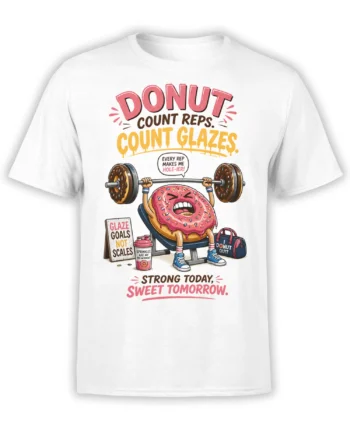 White T-shirt with a pink-frosted donut lifting a barbell and humorous gym slogans