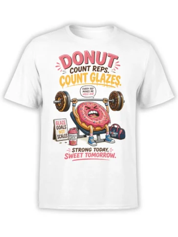 White T-shirt with a pink-frosted donut lifting a barbell and humorous gym slogans