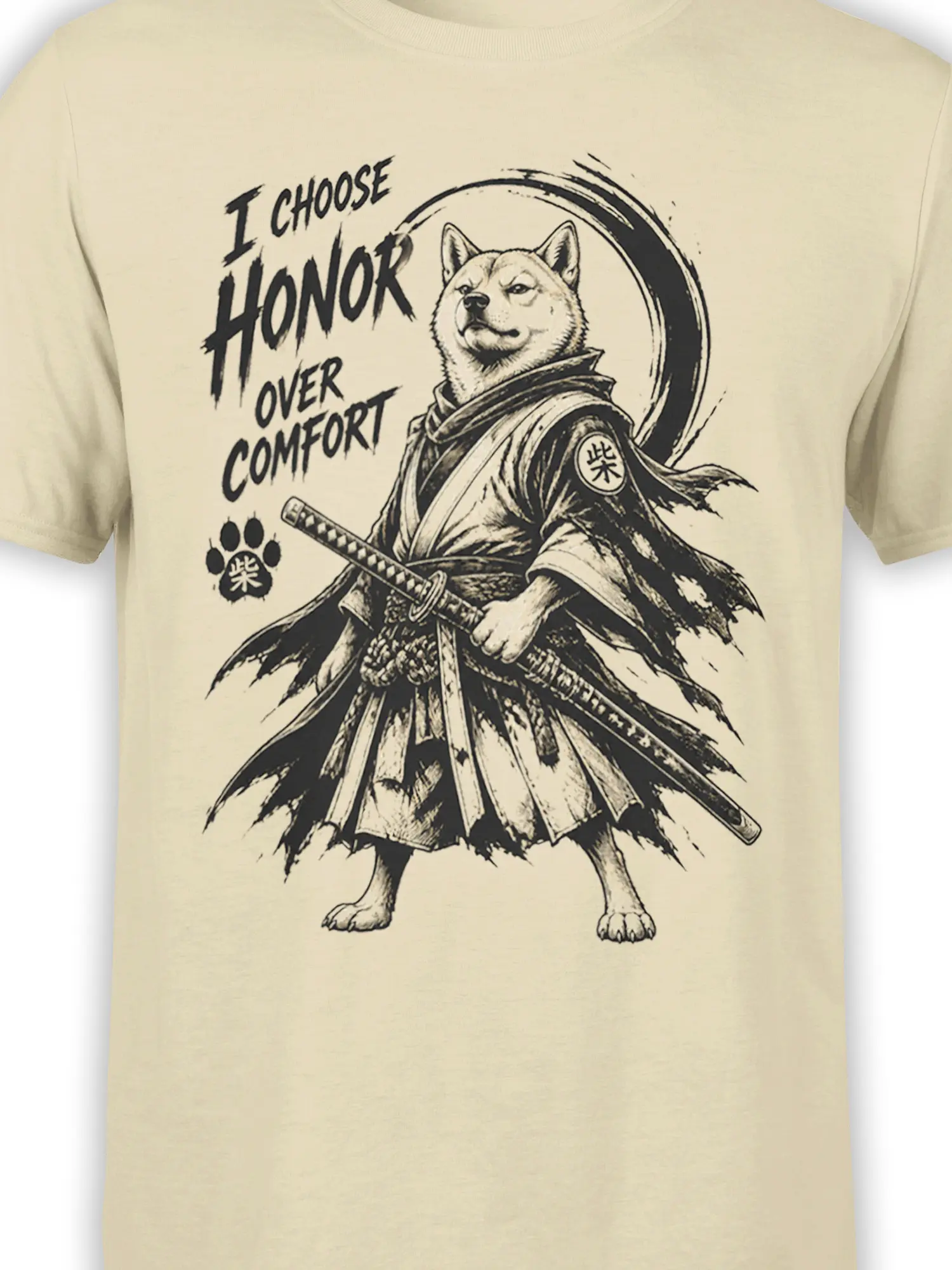 Close-up of the vintage ink dog warrior design printed on a beige graphic T-shirt