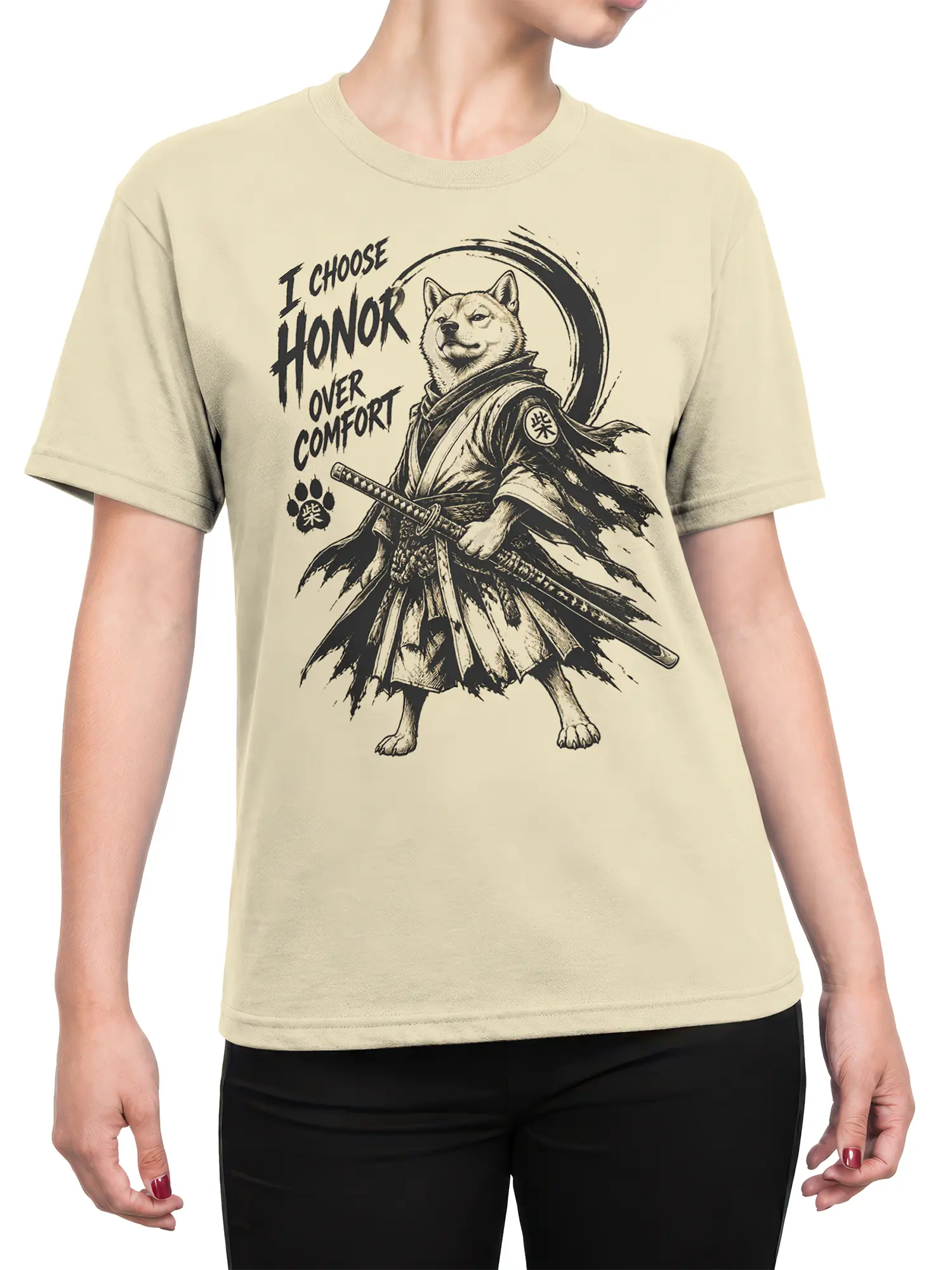 Female torso wearing a beige dog graphic tee with a robed sword-bearing canine design