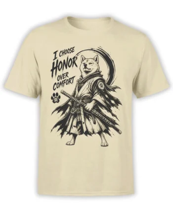 Beige dog T-shirt with a robed sword-bearing canine and “I Choose Honor Over Comfort” design
