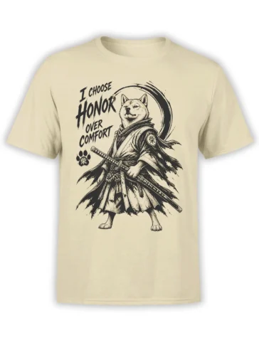 Beige dog T-shirt with a robed sword-bearing canine and “I Choose Honor Over Comfort” design