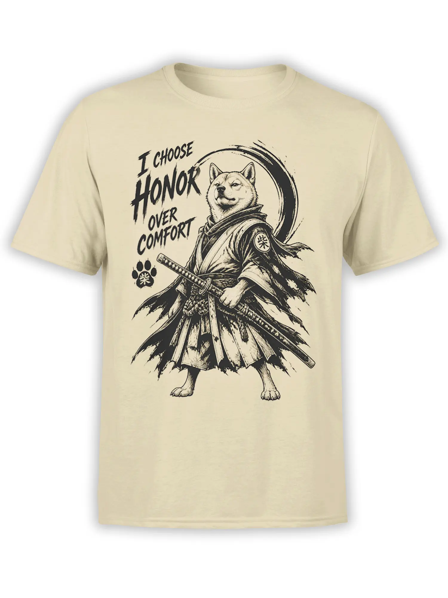 Beige dog T-shirt with a robed sword-bearing canine and “I Choose Honor Over Comfort” design