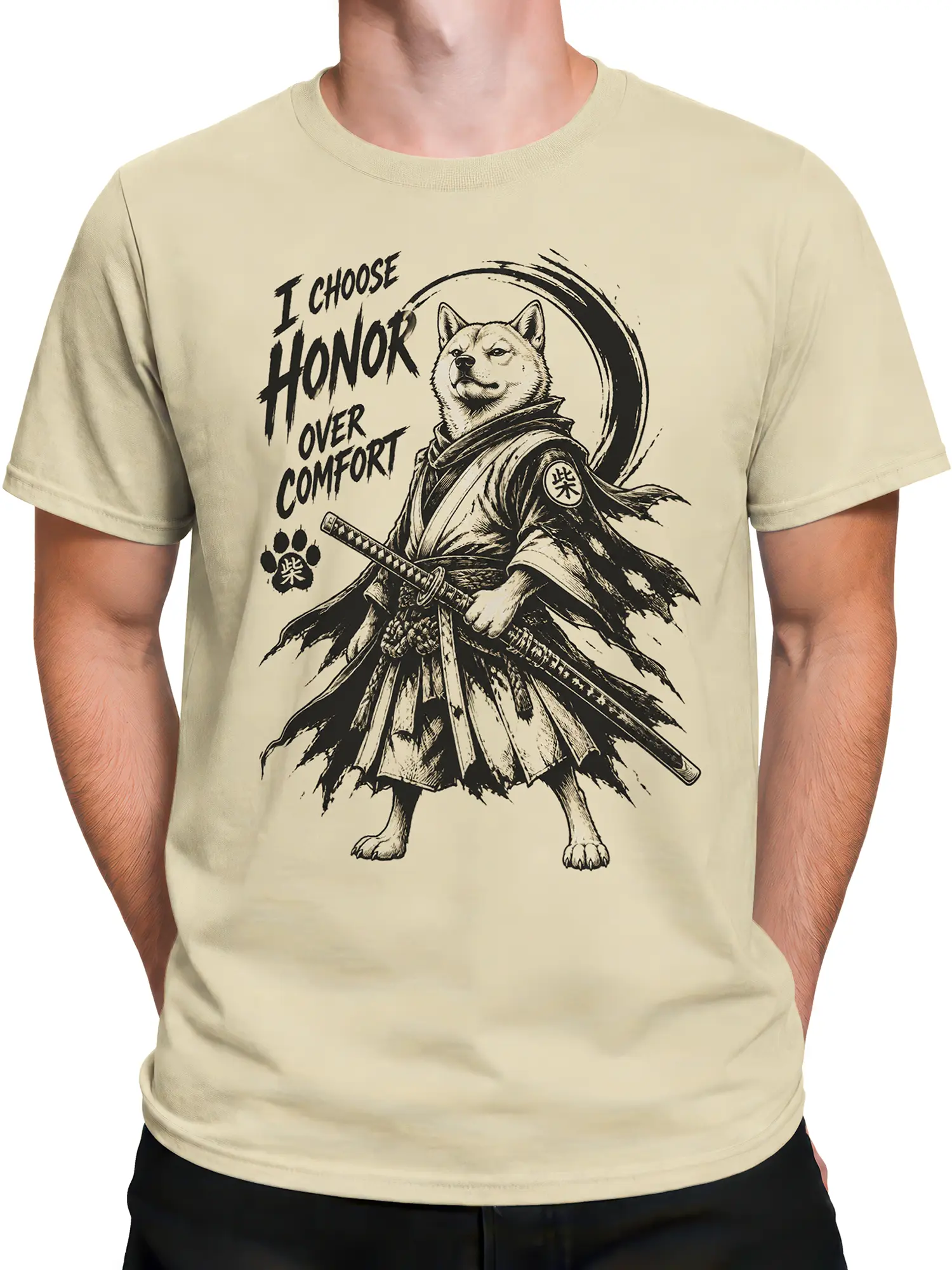 Male torso wearing a beige dog T-shirt with an honor-themed warrior canine graphic